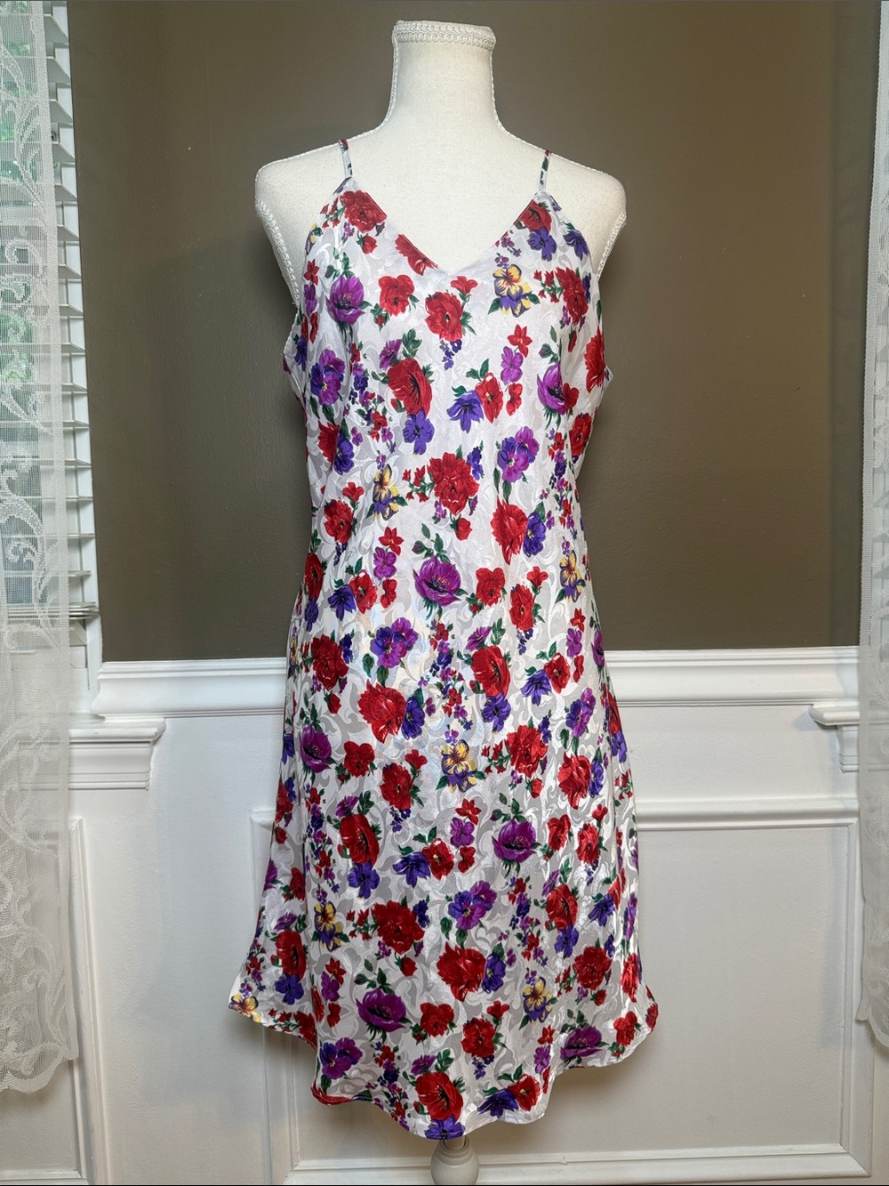Vintage 90s Floral Satin Slip Dress White Purple Red Lingerie L